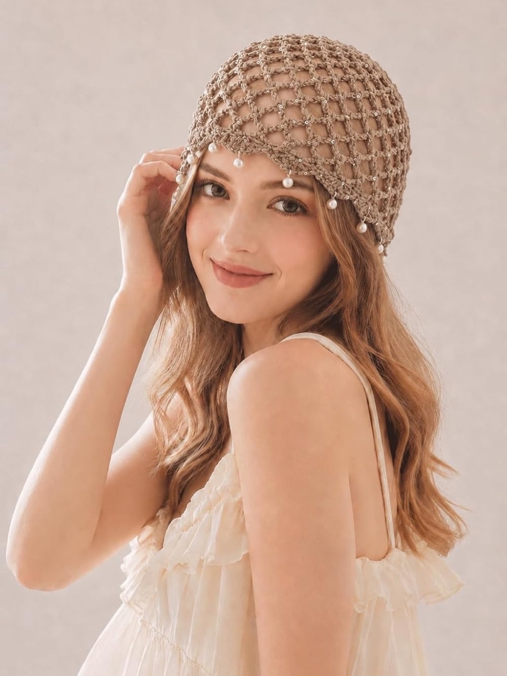 Pearl-Trim Crochet Cloche Hat - Taupe